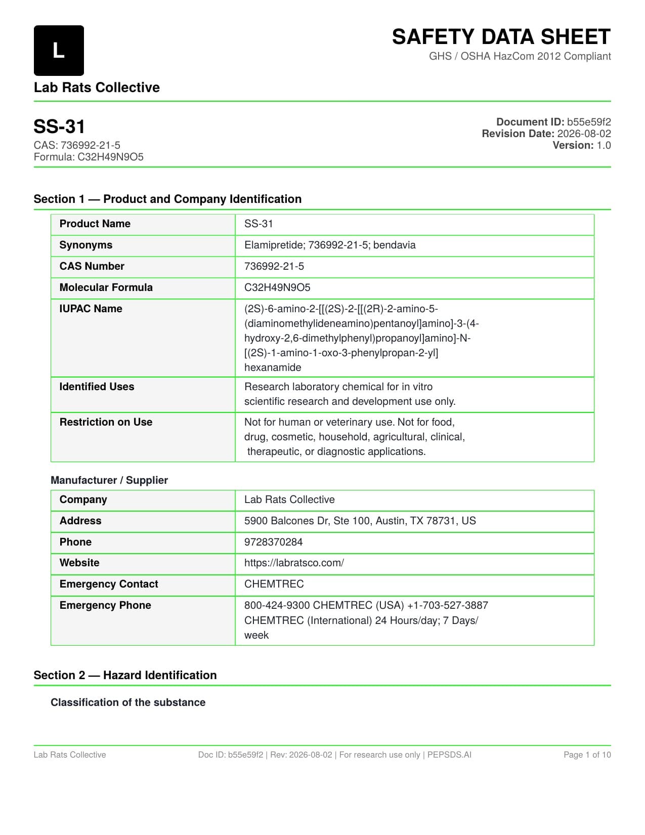 SS-31 50mg Safety Data Sheet