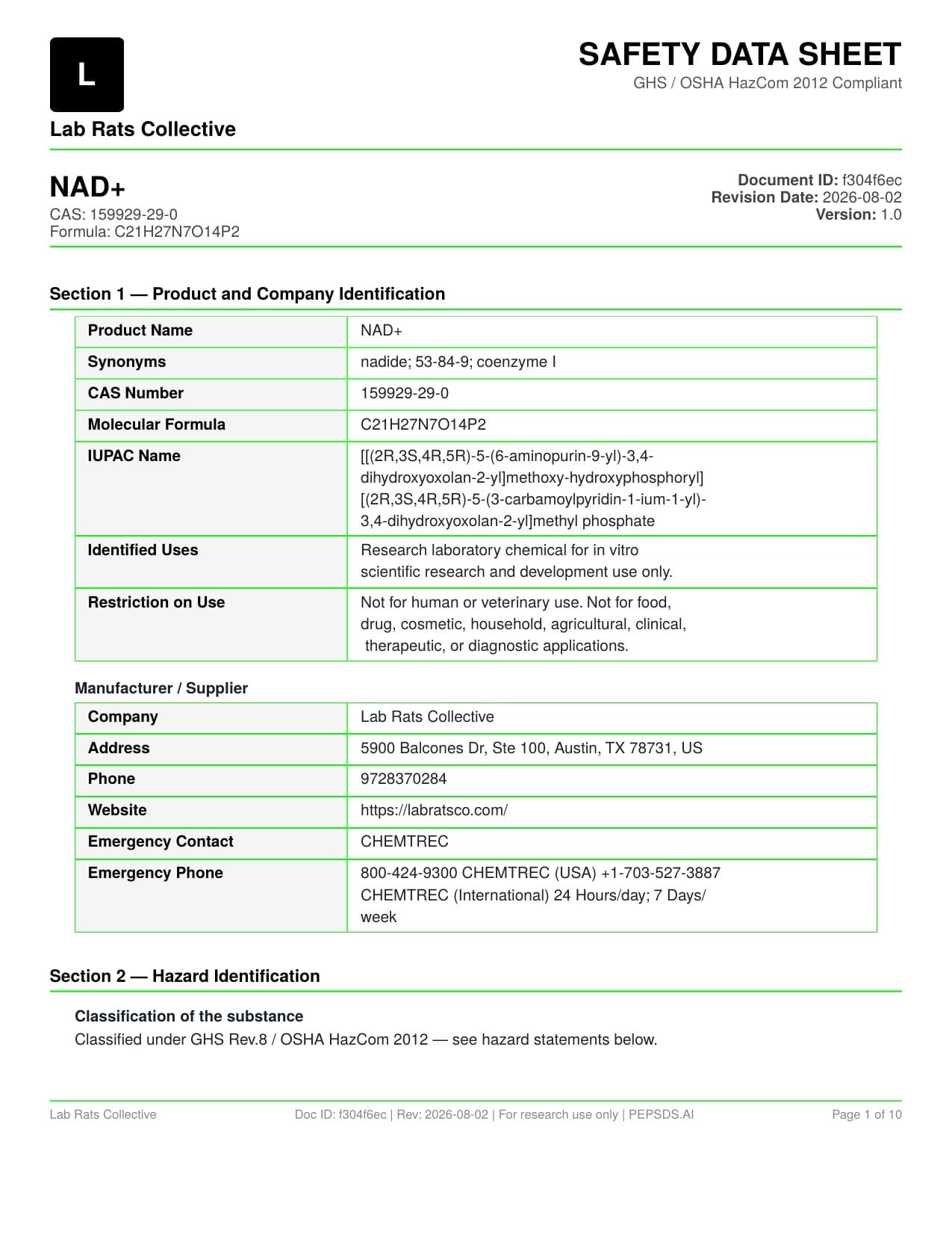 NAD+ 1,000mg (Buffered) SDS