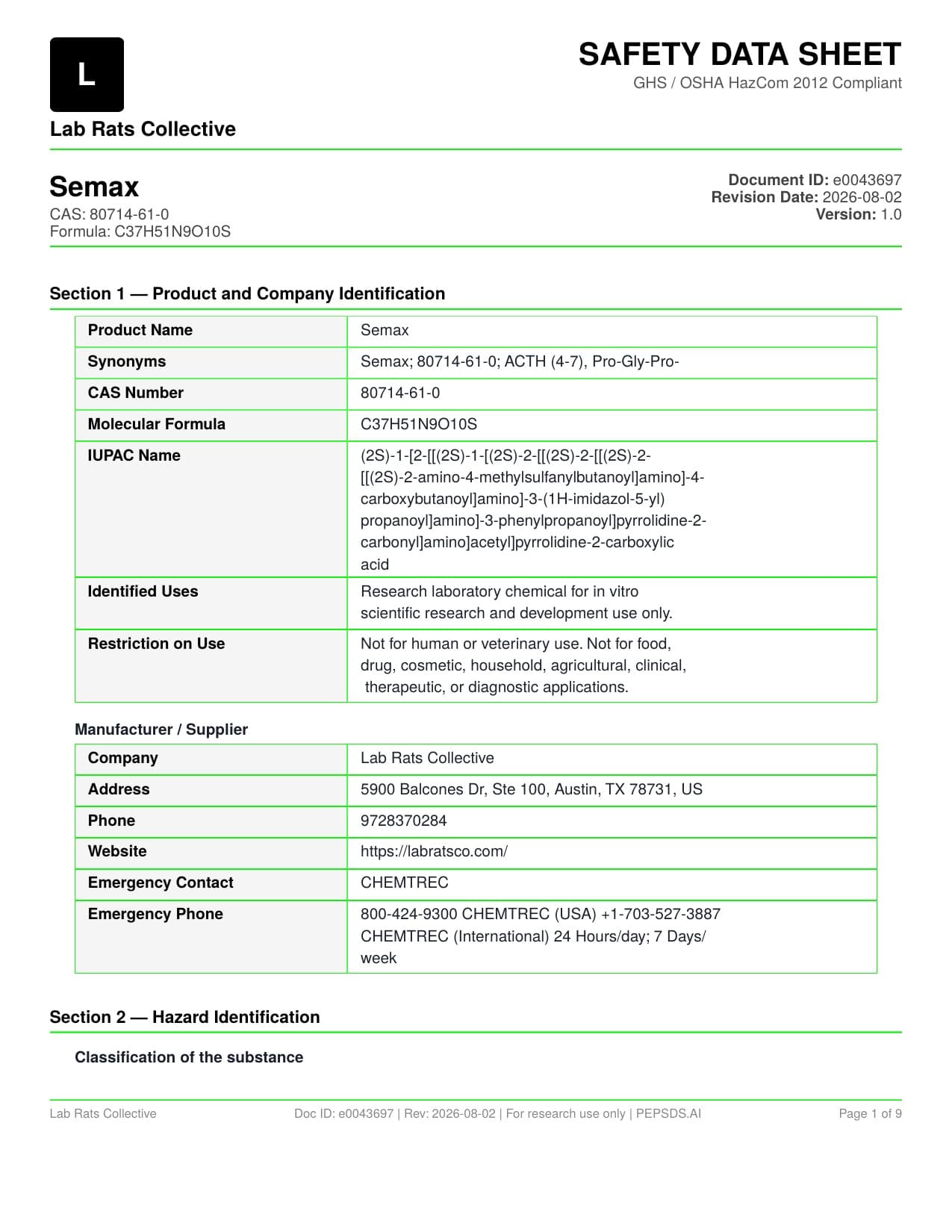 N-Acetyl-Semax Spray Safety Data Sheet