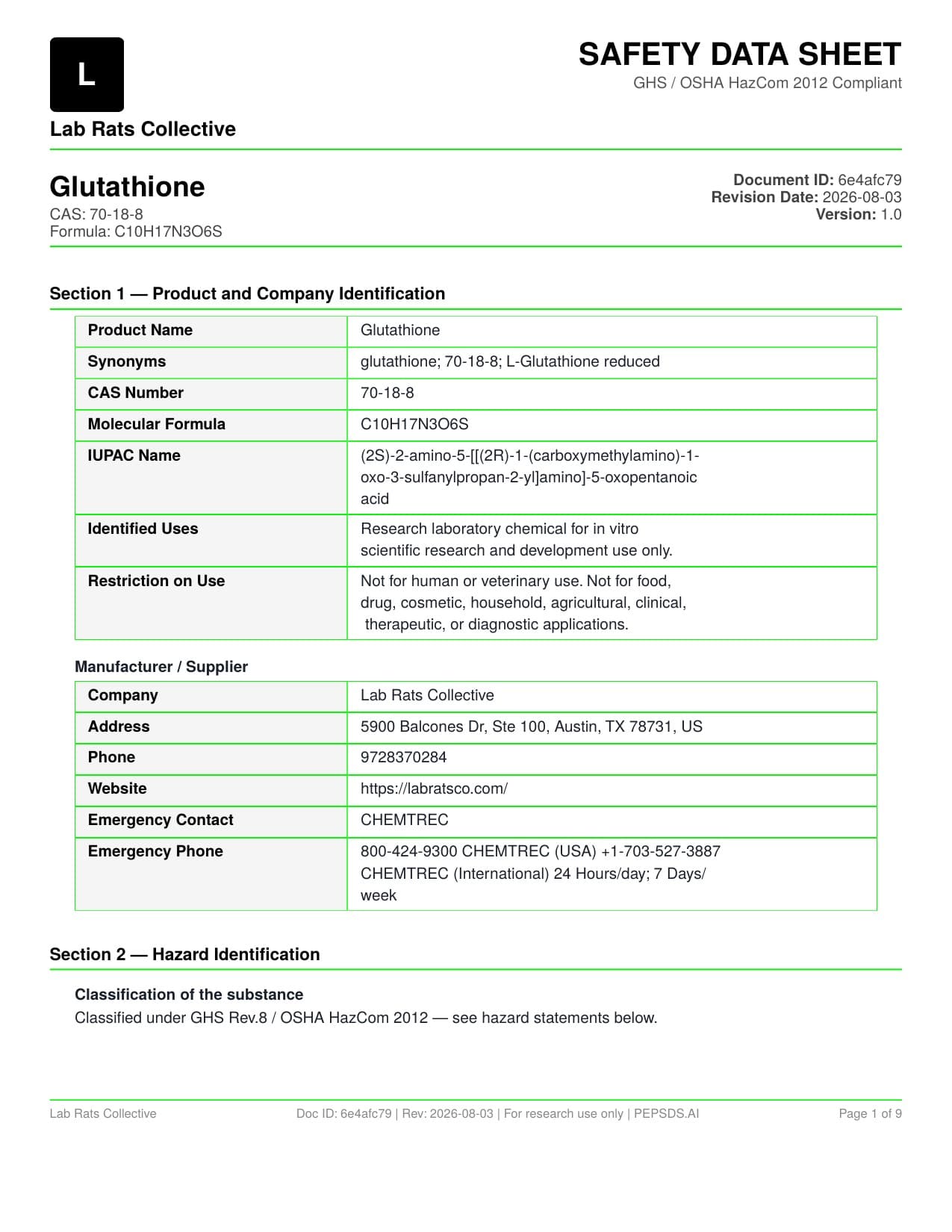 Glutathione 1,500mg SDS