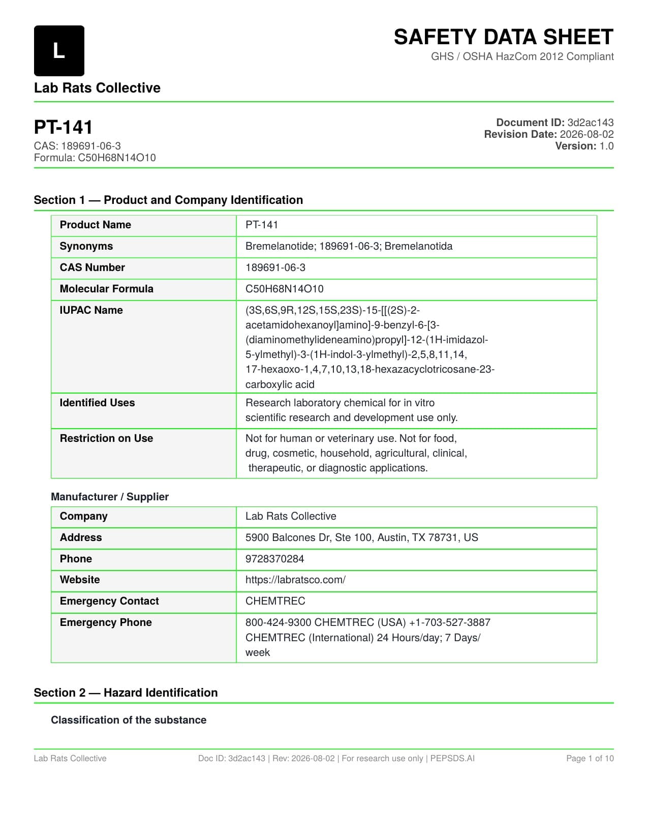 PT-141 Spray Safety Data Sheet